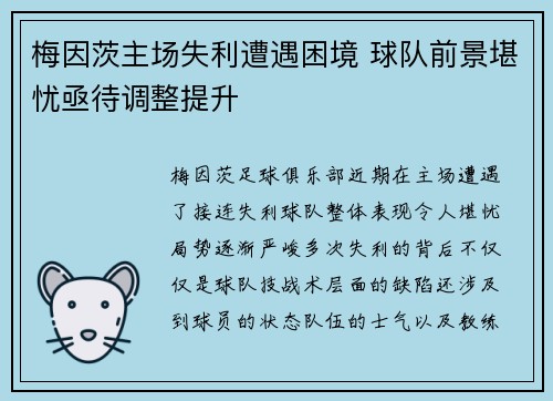 梅因茨主场失利遭遇困境 球队前景堪忧亟待调整提升
