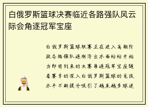 白俄罗斯篮球决赛临近各路强队风云际会角逐冠军宝座