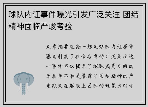 球队内讧事件曝光引发广泛关注 团结精神面临严峻考验
